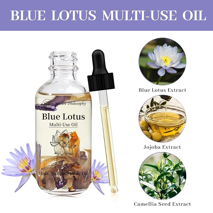 Blue Lotus Multi-Use Body Oil for Face, Hair & Skin – Lightweight Botanical Oil with Jojoba & Camellia Seed Oil, Hydrating Plant Fragrant Oil for Dry Skin, Scalp & Nails – 2 Fl Oz (60ml)
