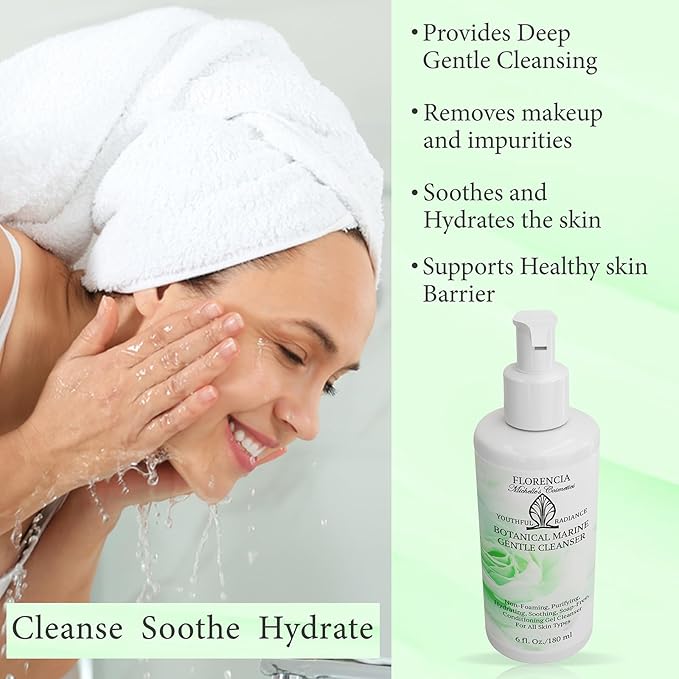 Florencia Botanical Marine Gentle Cleanser – Hydrating Non-Foaming Face Wash with Marine Algae & Aloe Vera, Gentle Purifying Facial Cleanser for Dry, Normal & Sensitive Skin, 6 Fl Oz