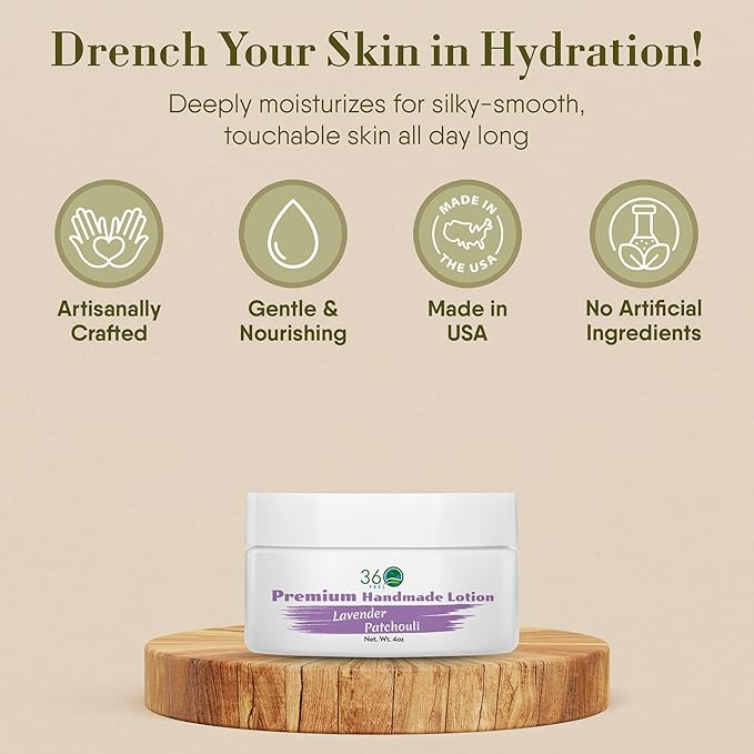 360Feel Lavender Patchouli Lotion - Hydrates with Coconut & Olive Oil, Plant-Based, Non-Greasy, Sensitive Skin, All Day Use