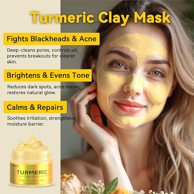 Hicream Turmeric Clay Mask, Green Tea, Dead Sea Minerals Mud Mask, Spa Facial Mask 3-Piece Set for Deep Cleansing, Moisturizing and Refining Pores, Vegan & Cruelty-Free, 7.5 fl.oz