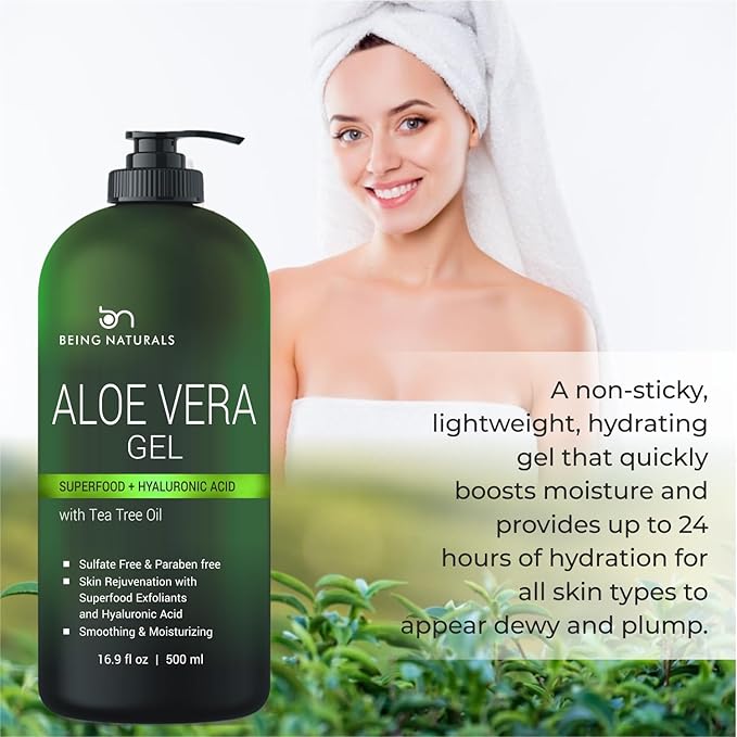 Being Naturals Aloe vera Gel - from 100% Pure Organic Aloe - Natural Raw Moisturizer for Face, Body, Hair. Perfect for Sunburn, Acne, Razor Bumps 16.9 fl oz (Tea Tree, Superfood, Hyaluronic Acid)