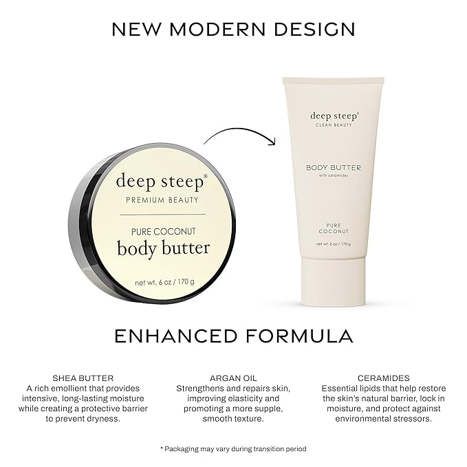 Deep Steep Body Butter, 6 oz – Rich Moisturizer with Ceramides, Coconut Oil, Argan Oil & Aloe Vera – Vegan, Clean Beauty, Smooth & Hydrated Skin (6 Ounces, Pure Coconut)