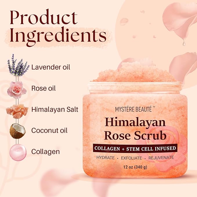 MYSTÉRE BEAUTÉ Himalayan Salt Body Scrub with Collagen & Rose Oil (12 oz) - Exfoliating Scrub for Cellulite, Acne, Scars & Stretch Marks - Deep Cleansing & Moisturizing - Natural Skin Care Gift