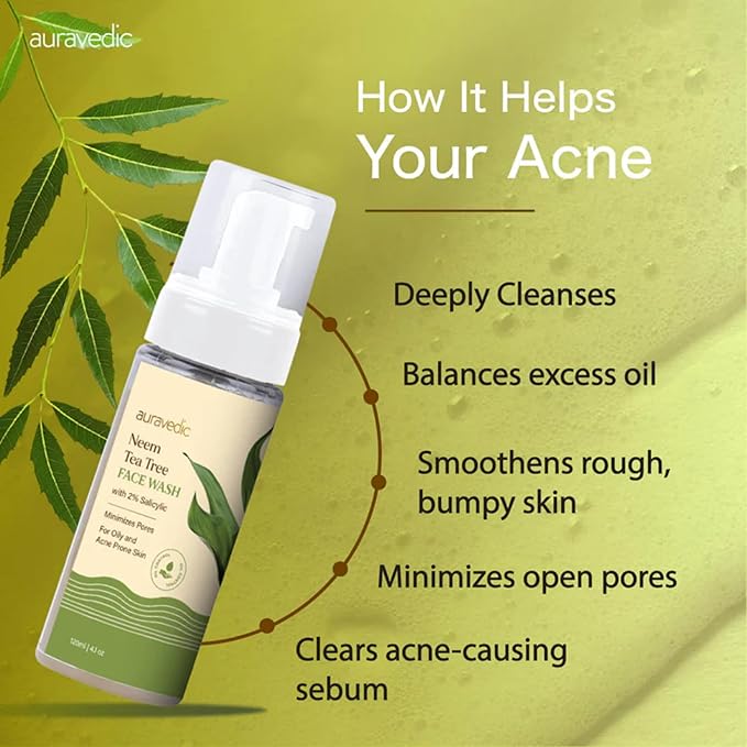 Auravedic Acne Face Wash with 2% Salicylic Acid, Neem & Tea Tree | Foaming Cleanser for Oily & Acne Prone Skin | Oil Control, Gentle Daily Cleanser for Men & Women | 4.06 Fl Oz (120ml)