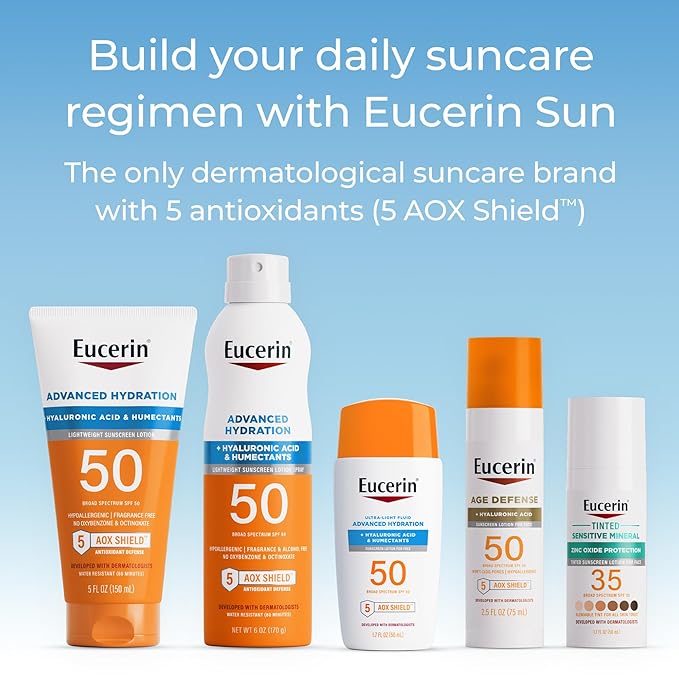 Eucerin Sun Age Defense SPF 50 Face Sunscreen Lotion with Hyaluronic Acid, Hypoallergenic, Non-Comedogenic Sunscreen SPF 50 Free of Fragrance, Oxybenzone and Octinoxate, 2.5 Fl Oz Bottle