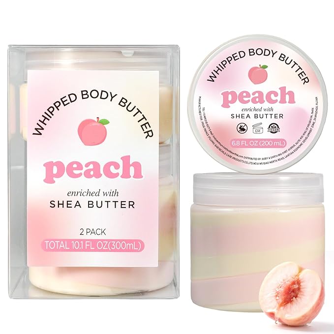 Peach Whipped Body Butter for Peach Scent Whipped Body Butter for Women, Shea Body Moisturizer for Dry Skin, Gentle Hydration with Long Lasting Moisture-3.4 floz+6.8 floz