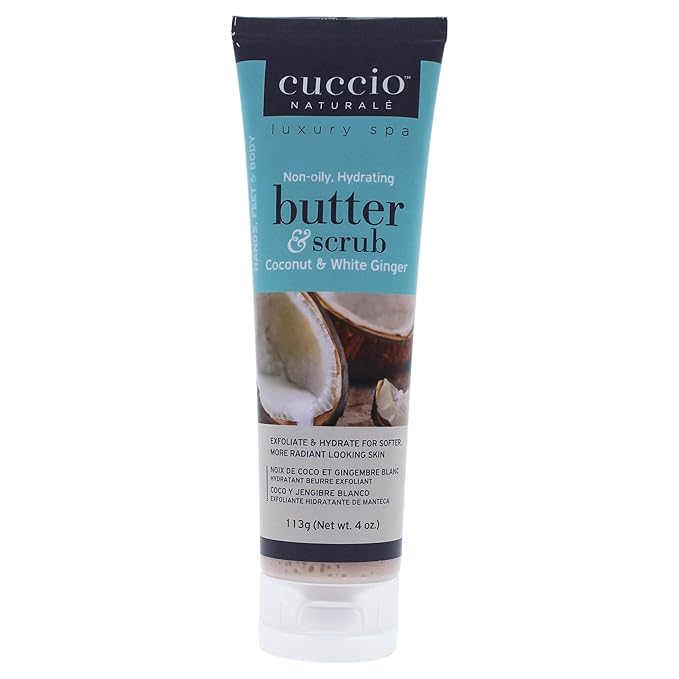Cuccio Naturale Butter Scrub - Exfoliates And Hydrates - For Softer, Radiant Looking Skin - Infuses Moisture Into Dry Skin - Non-Oily 24 Hour Hydration - Creamy - Coconut And White Ginger - 4 Oz