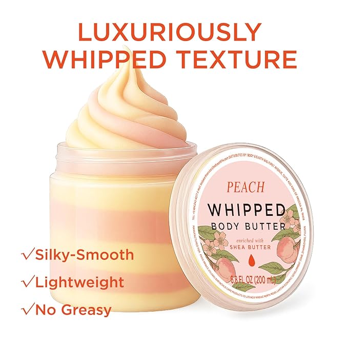 Princess Belle Peach Whipped Shea Body Butter, Body Moisturizer for Dry Skin, Smell Good, Peach Gifts for Women-2 Pack (3.4floz + 6.8 floz)