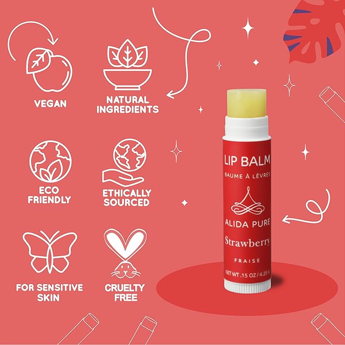 ALIDA PURE Strawberry Lip Balm Collection, Vegan, Lip Balm, Beeswax Free, with Avocado Oil, Organic Jojoba Oil, and Vitamin E, Natural Moisturizer for Dry, Chapped Lips, 3 Tube Set
