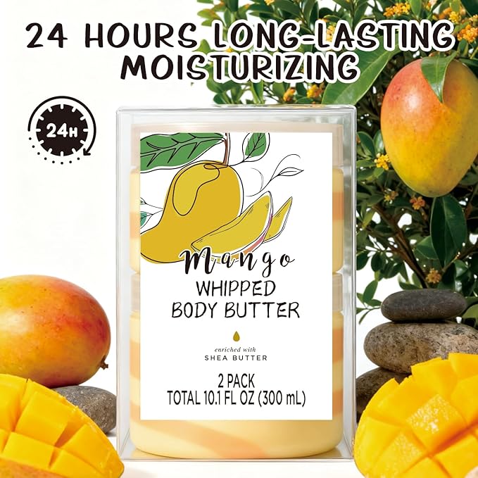 Mango Whipped Body Butter, Shea Body Butter for Women Dry Skin, Natural Mango Lotion for Body Moisturizer-Deep Moisturizing and Softening-3.4 floz+6.8 floz(100ml+200ml)