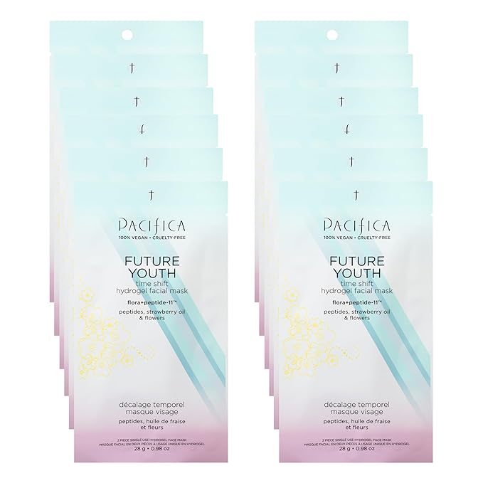 Pacifica Future Youth Time Shift Hydrogel Facial Mask - 12-PACK - Multi-Peptide Anti-Aging Sheet Mask for Firming & Plumping, Ultra-Hydrating Serum-Infused Mask for Face & Neck, 100% Vegan