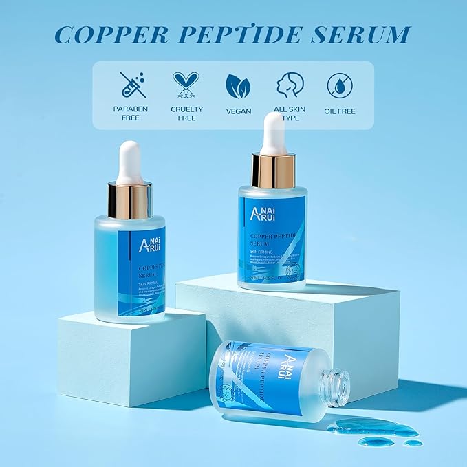 ANAI RUI Copper Peptides Serum for Face -Ghk-Cu Peptide Serum + Hyaluronic Acid - Reduces Fine Lines & Wrinkles, Plumping and Radiant Skin, 1.fl.Oz