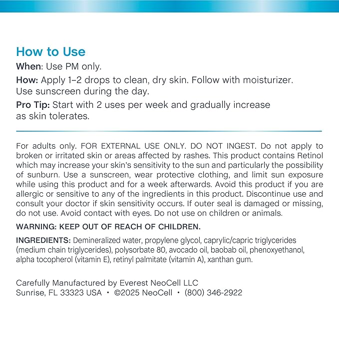 NeoCell Retinol Serum for Face | 2 fl oz | Targeted Skin Serum Formula | Advanced Care | with Vitamin E and A | for Women and Men