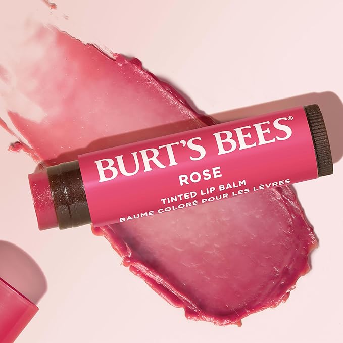Burt's Bees Lip Tint Balm, Long Lasting 2 in 1 Duo Tinted Balm Formula, Color Infused with Hydrating Shea Butter for a Natural Looking Buildable Finish, Rose, 1 Tube