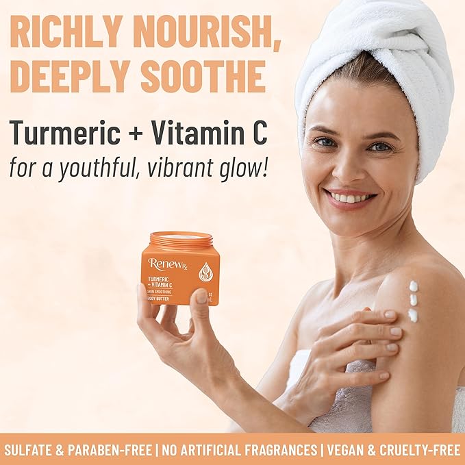Turmeric + Vitamin C Radiating Body Butter for Dry Skin – Hydrating, Radiance-Boosting Skin Care, Vegan Skincare, 16 oz
