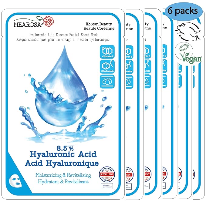 MEAROSA* Dermatologically tested, 8.5% Hyaluronic Acid, Niacinamide, Vitamin E Vegan Formula Essence facial sheet masks Premium Quality Sensitive Skin [6Sheets]