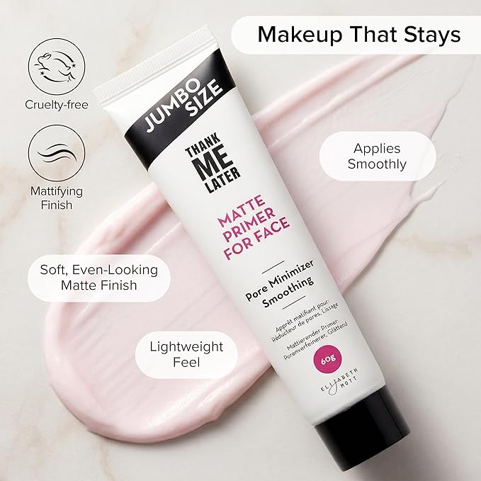 Elizabeth Mott Thank Me Later Face Primer - Mattifying Makeup Base Primer for Smooth Skin - Pore Minimizer, Smooth Fine Lines - Long-Lasting, Lightweight, Leaping Bunny Certified, Jumbo 60g (2X Size)