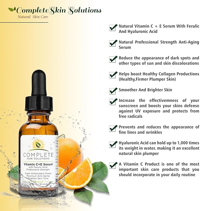 Natural Vitamin C E Serum with Ferulic and Hyaluronic Acid 1 oz