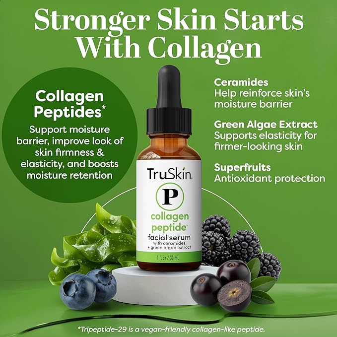 TruSkin Peptide Serum for Face - Pro Collagen Multi-Peptide Anti-Aging Serum with Tripeptide-29 & Ceramides - Supports Skin’s Natural Collagen & Barrier for Firmer-Looking Skin, 1 fl oz