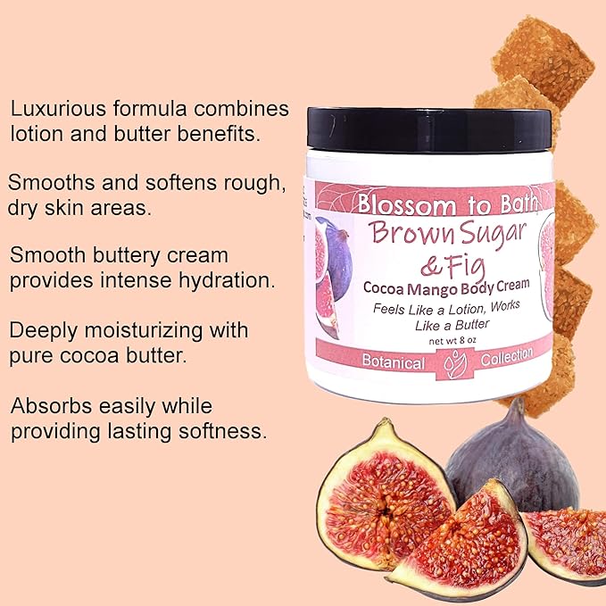 Blossom to Bath Brown Sugar & Fig Cocoa Mango Body Cream (8 Ounce) - Natural Fragrance - Feels Like A Lotion And Works Like A Butter with a Rich Fruity Scent