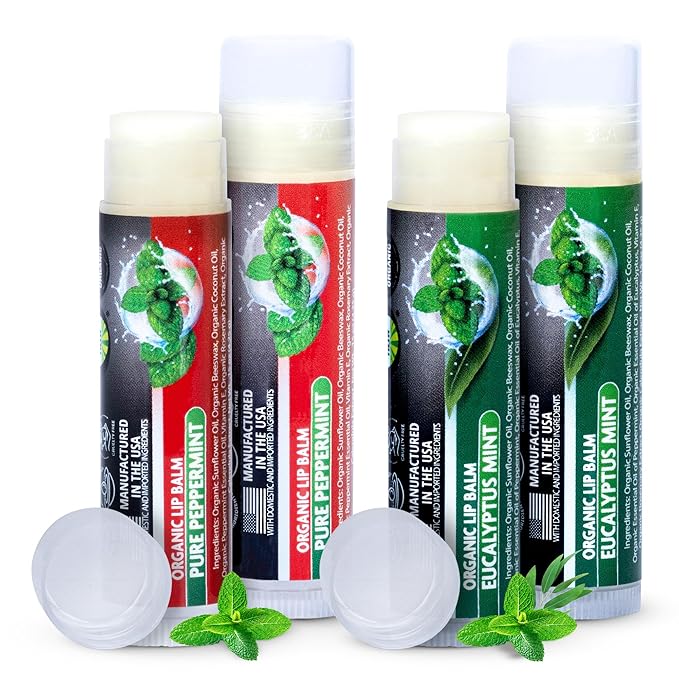 Organic Lip Balm Chapstick Bulk 4 Pack – Peppermint & Eucalyptus Mint – Natural Beeswax Lip Balm – Moisturizer for Very Dry, Chapped Lips