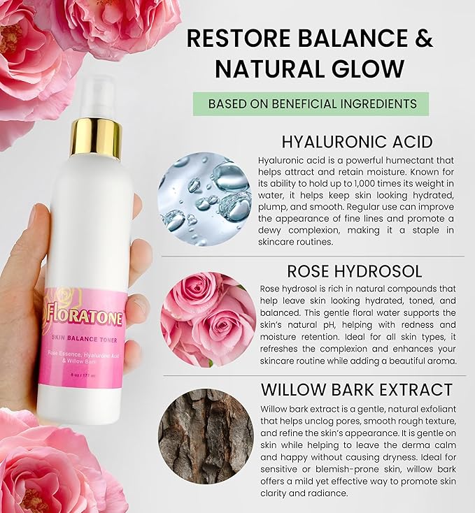 Floratone Skin Balance Facial Toner - with Rose Essence, Hyaluronic Acid & Willow Bark - Facial Mist for Sensitive Skin