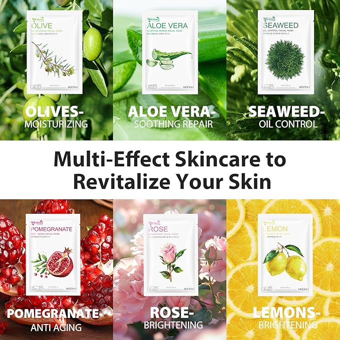 Plants Fruits Face Masks for Women,Aloe Vera Face Mask Hydrating,Moisturizing Rose Facial Masks for Women,Pomegranate Mask Sheet Skincare for All Skin Types(12Pack)