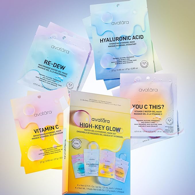 Avatara High-Key Glow 8-Pack Water-gel & Hydrogel Variety Sheet Mask Set, 2 Each: Hyaluronic Acid, Vitamin C, You C This?, Re-Dew | 0.71 fl. oz / 21 mL & 0.95 oz / 27 g