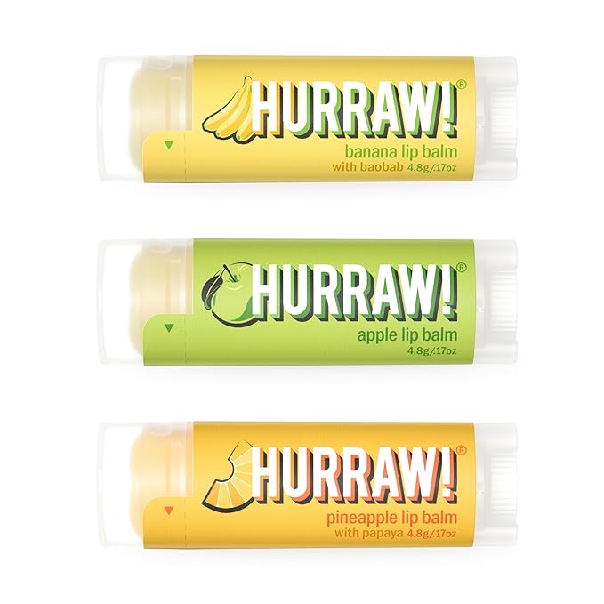 Hurraw! Banana, Apple, Pineapple Lip Balms, 3 Pack Bundle: Organic, Certified Vegan, Cruelty and Gluten Free. Non-GMO, 100% Natural. Bee, Shea, Soy & Palm Free. Made in USA