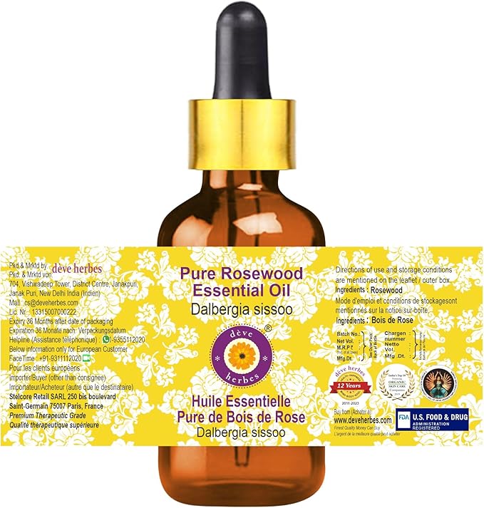 Deve Herbes Pure Rosewood Essential Oil (Dalbergia Sissoo) with Glass Dropper Steam Distilled 100ml (3.38 oz)