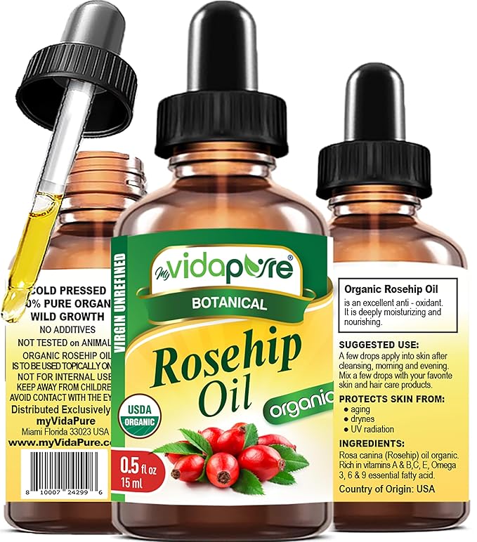 MYVIDAPURE Organic Rosehip Oil Certified Organic Wild Growth RAW Pure Virgin UNREFINED for Face, Body, Hair and Lip Care (0.5 Fl Oz)