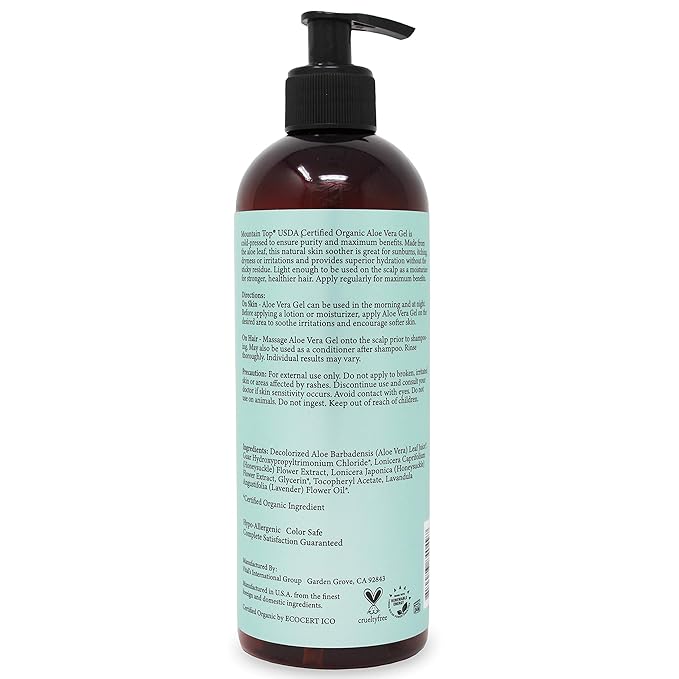 MOUNTAIN TOP Organic Aloe Vera Gel (16 fl oz / 473 mL) USDA Certified 100% Pure & Natural - For Extremely Dry & Itchy Skin