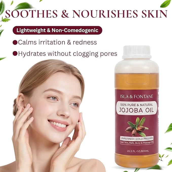 ISLA & FONTANE Jojoba Oil – 600ml (20 fl oz) | 100% Pure & Natural | Golden, Unrefined, Cold Pressed | Hexane-Free Carrier Oil for Skin, Hair, Face, Nails & Body Moisturizing