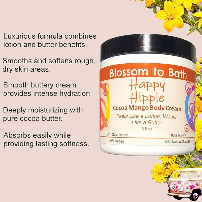 Blossom to Bath Happy Hippie Cocoa Mango Body Cream (8 Ounce) - Pure Essential Oil Fragrance - Feels Like A Lotion And Works Like A Butter with a Sweet Happy Herbal Scent