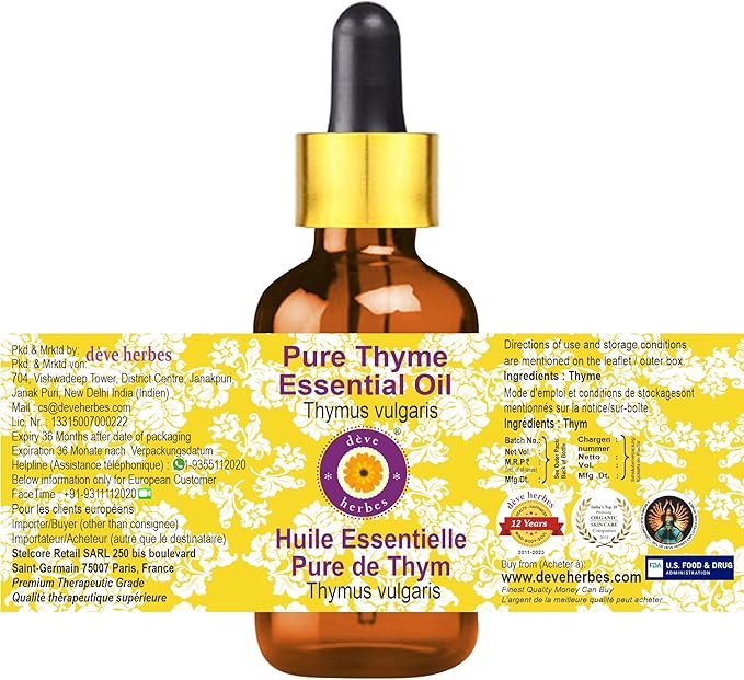 dève herbes Thyme Essential Oil (Thymus vulgaris) with Glass Dropper | Pure | Non-Sticky | Non-Greasy | Lightweight | Men & Women | All Skin Types | Steam Distilled 15ml (0.5 oz)