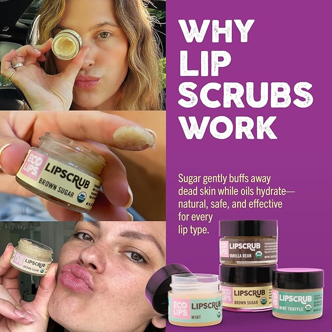 Eco Lips Brown Sugar Lip Scrub 2 Pack - 100% Organic Lip Care Treatment with Organic Sugar and Coconut Oil - Gently Exfoliate and Polish Dry, Flaky Lips, 0.50 oz jars