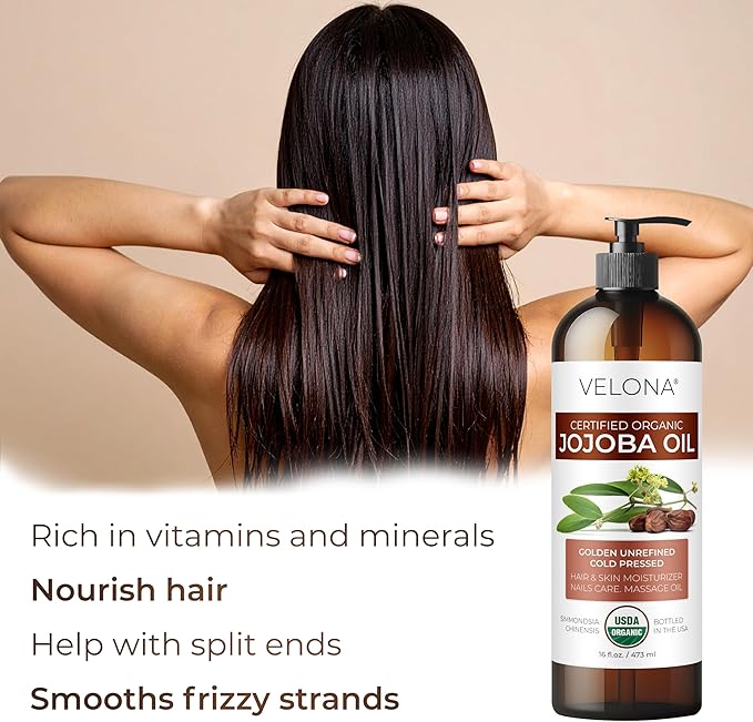 velona Jojoba Oil USDA Certified Organic - 8 fl oz (With Pump) | 100% Pure and Natural | Golden, Unrefined, Cold Pressed, Hexane Free | Moisturizing Face, Hair, Body, Skin Care
