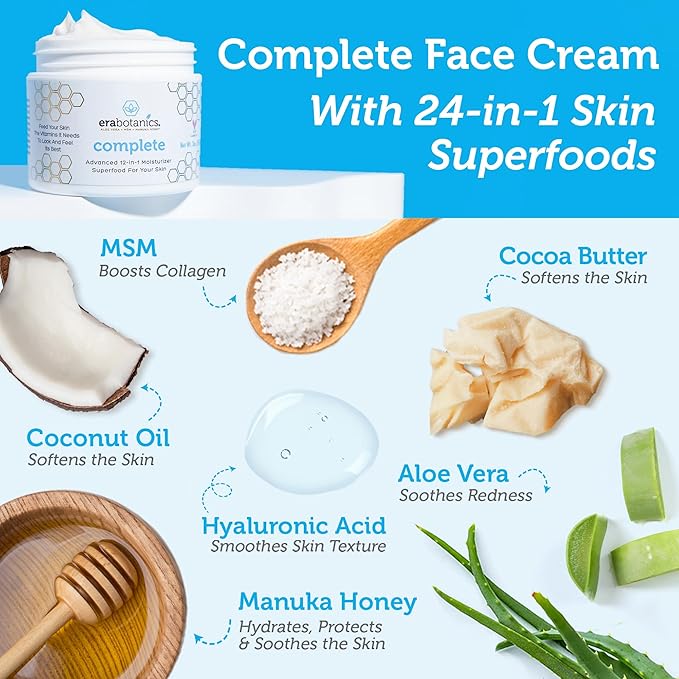 Era Organics Face Moisturizer Cream - Advanced 12-In-1 Rejuvenating Formula With Superfood Complex Manuka Honey, Hyaluronic Acid, Hemp Oil - Anti Aging Wrinkle Defense For Women or Men - 2oz