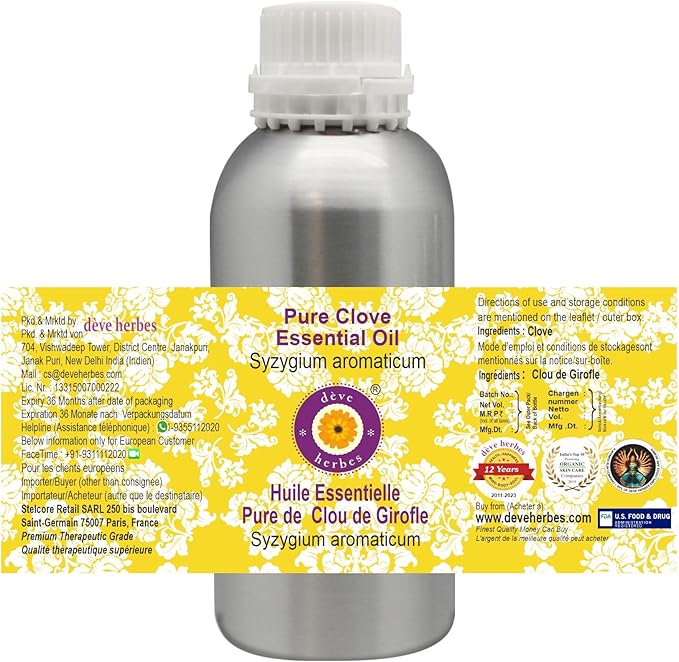 Deve Herbes Pure Clove Essential Oil (Syzygium aromaticum) Steam Distilled 630ml (21 oz)