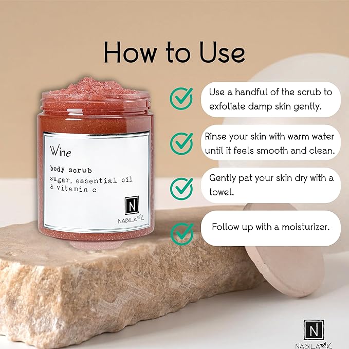 Wine Body Scrub Made in USA with Essential Oil and Vitamin C by Nabila K - Exfoliate and Moisturize for Smooth Skin - Luxury for Women & Men, 3 oz