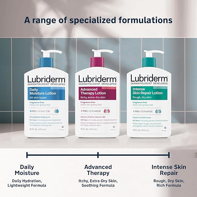Lubriderm Advanced Therapy Fragrance-Free Moisturizing Hand & Body Lotion + Pro-Ceramide, Intense Hydration for Itchy, Extra Dry, & Sensitive Skin, Non-Greasy, Hypoallergenic, 32 fl. oz