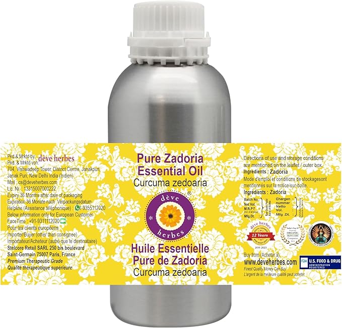Deve Herbes Pure Zadoria Essential Oil (Curcuma zedoaria) Steam Distilled 630ml (21 oz)