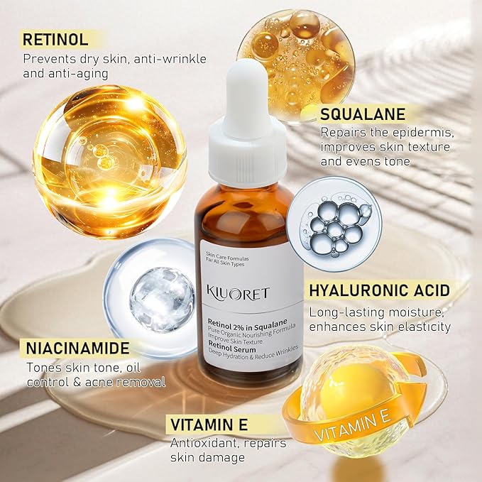 2% Retinol Serum for Face - Retinol 2% in Squalane for Reduce Wrinkles & Fine Lines - Improve Skin Tone with Hyaluronic Acid, Vitamin E & Niacinamide - Facial Serum for All Skins, 30ml