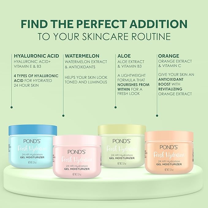 POND’S Fresh Hydration Gel Moisturizer – 24 HR Hydration with Aloe Vera Extract, Vitamin E & B3 Niacinamide – Alcohol & Oil-Free Face Moisturizer – Dermatologist Tested, 3.4 oz