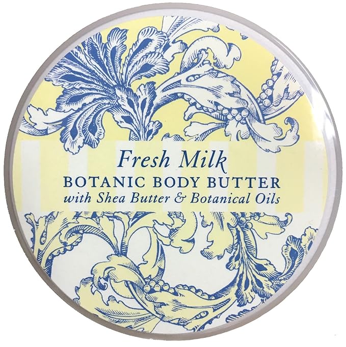 Greenwich Bay Trading Co. Scented Botanic Body Butter - Luxurious Hydration with Shea & Cocoa Butter, Enriched with Vitamin E - 8 Ounce Tub (8 oz., Fresh Milk)