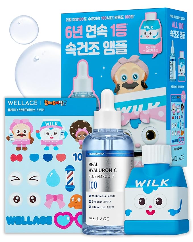 WELLAGE Real Hyaluronic Blue Ampoule 100, Korean Skincare, Fragrance Free Hyaluronic Acid Serum with Panthenol, Wild yam, Centella, Deep Hydration, Firming, Plumping, Non-Sticky, 3.38+2.54 Fl Oz