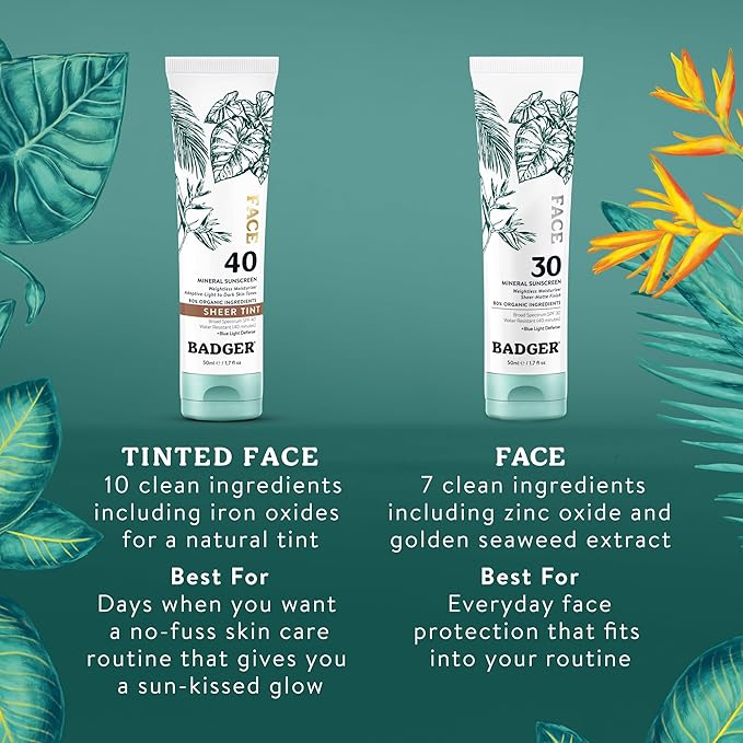Badger Tinted Sunscreen for Face SPF 40, Lightweight Tinted Mineral Sunscreen w/Sheer Tint Warm Finish for Light or Dark Skin, No White Cast, 80% Organic, Vegan, Water Resistant, Unscented, 1.7 fl oz