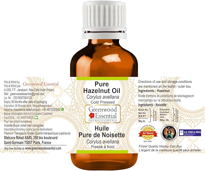 Greenwood Essential Pure Hazelnut Oil (Corylus avellana) Cold Pressed 50ml (1.69 oz)