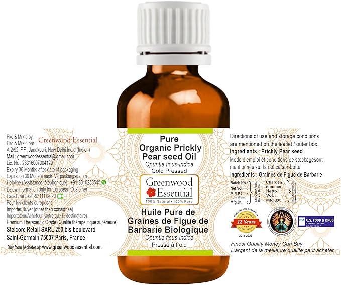 Greenwood Essential Pure Organic Prickly Pear Seed Oil (Opuntia ficus-Indica) Cold Pressed 10ml (0.33 oz)