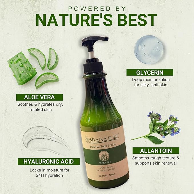 Spanature Premium Aloe Vera Body Lotion for Women Sunburn Relief - Soothing Aloe Lotion & Body Moisturizer for Dry Skin-Natural Healing & Soothing Therapy -750ml/25oz with Pump, Made in Korea